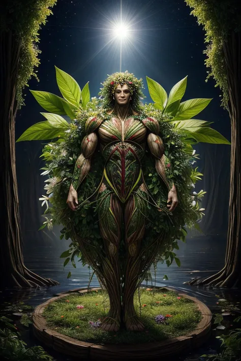 (Futuristic vegetable vision, human-vegetable hybrid:1, branches veins, tree-bark chest, leafy eyes glowing with flowery streams...