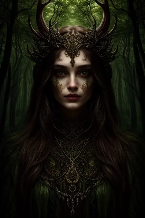 a woman with horns and a crown in the woods