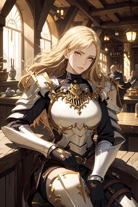 (best quality), (masterpiece), (solo), kisara, 1girl, blonde hair, long hair, yellow eyes, armor, medieval tavern, leaning back ...