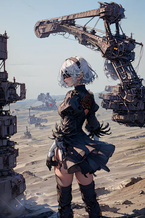 masterpiece,best quality,(no humans,wide shot:1.4),Bagger293, bucket-wheel excavator, heavy equipment,wasteland,
2B Nier Automata,white hair, puffy sleeves, short hair, long sleeves, juliet sleeves, parted lips, black thighhighs, black gloves,(cowboy shot),(from behind:1.2),
 