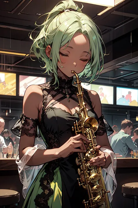 anime girl with green hair playing saxophone in a bar