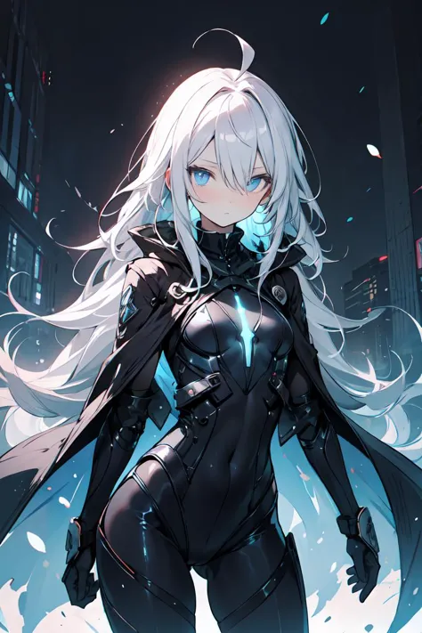 best quality, ultra-detailed, 1girl, solo, white hair, (absurdly long hair:1.2), ahoge, blue eyes, flat chest, pale, skin, expre...