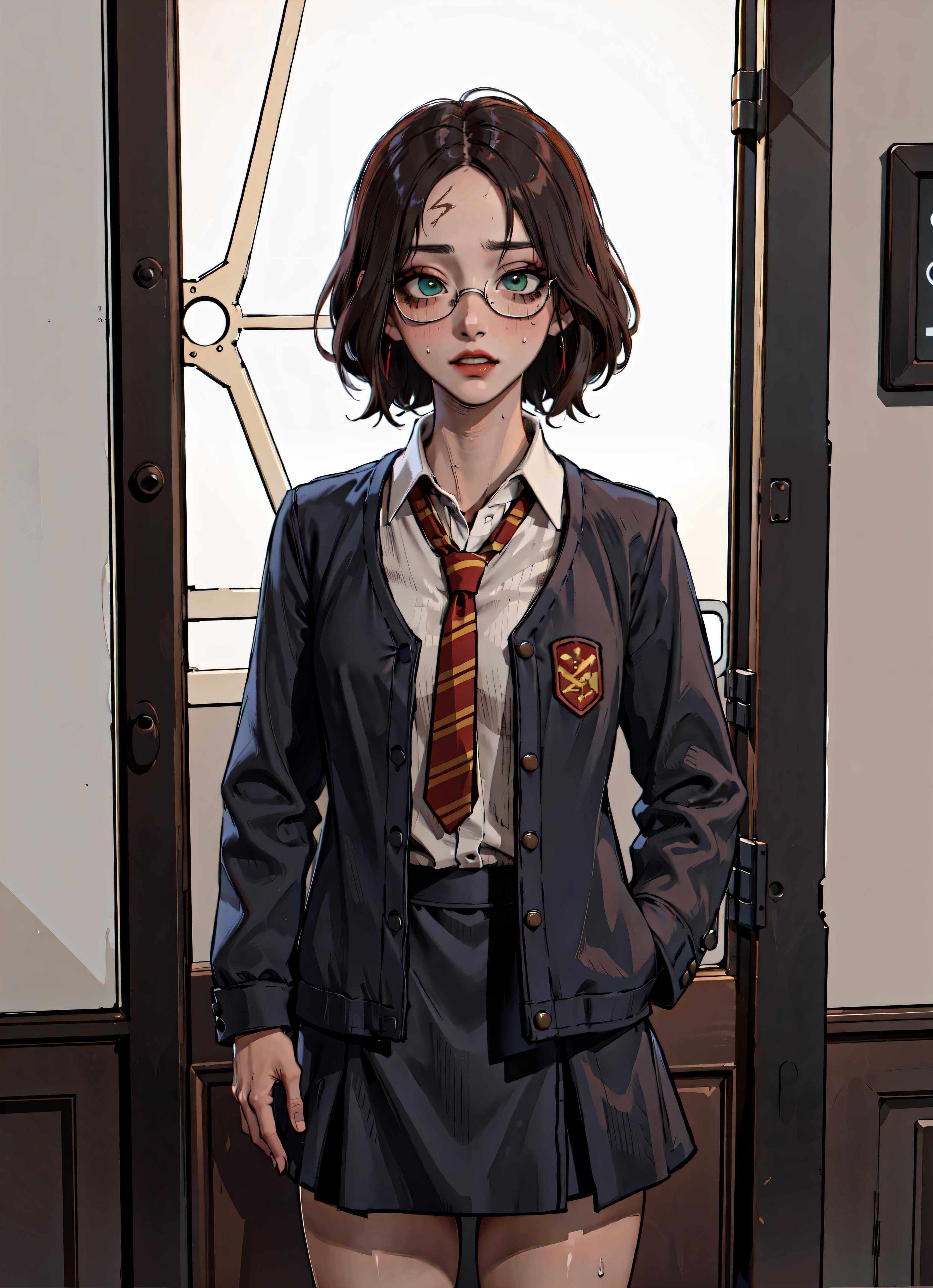 There is a woman in a school uniform standing in front of a door - SeaArt AI