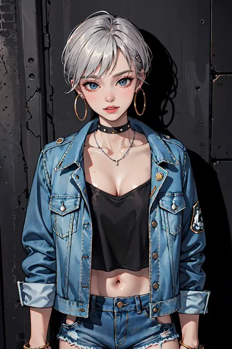 (masterpiece:1.2, best quality), (1lady, solo, upper body:1.2), Hair: buzz cut, Clothing: oversized, distressed denim jacket wit...