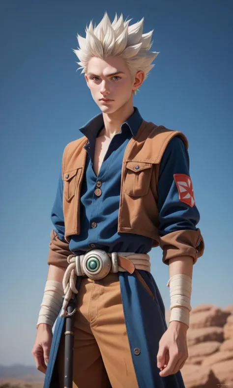 a man in a blue shirt and brown pants holding a sword