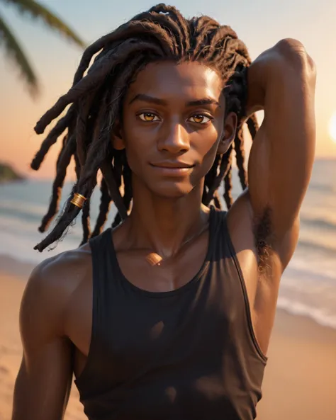 score_9, score_8_up, score_7_up, score_6_up, score_5_up, score_4_up, rating_questionable, 
<lora:gooeycandy1:1>,
1boy(human male, portrait, closeup, slender twink,
black african, black skin, dreadlocks,
tight tank top, 
,
portrait, closeup, glistening skin, one arm raised with the hand behind the head, one single ring piercing through the left eyebrow, seductive pose, solo, light body hair, looking at the viewer, light smile), summer, sunshine, morning, tropical beach, depth of field, detailed background,
<lora:xl_more_art-full_v1:0.4>,
<lora:add-detail-xl:0.4>