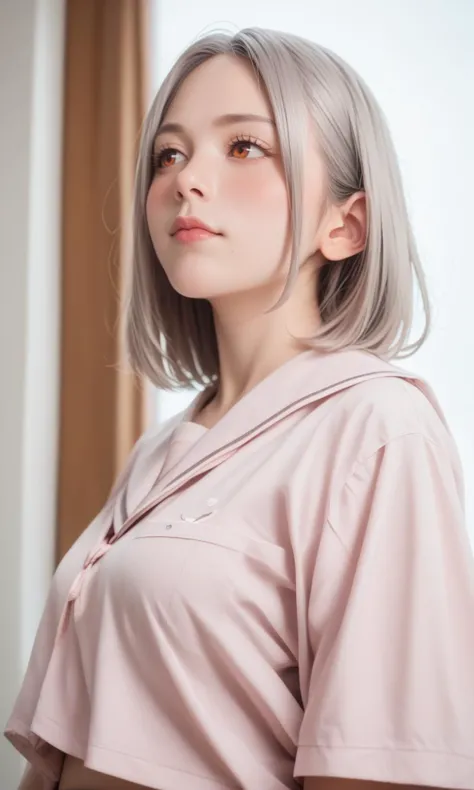 a woman with grey hair wearing a pink shirt and a brown skirt