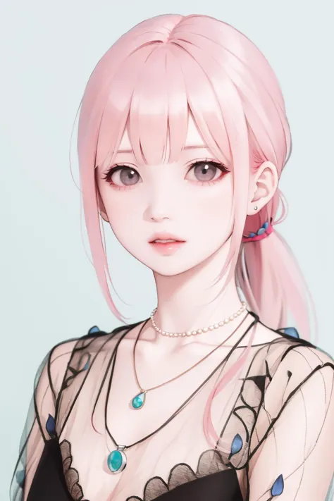 1 girl wearing semi-transparent clothes,portrait,long hair,parted lips,black eyes,looking at viewer,jewelry,ponytail,pink hair,necklace,realistic,simple background,<lora:lbc_ST_240331_v1.0-000010:0.9>,