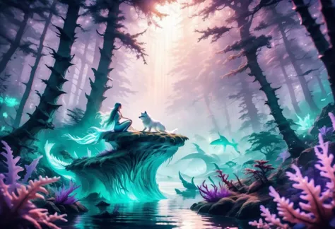 a beautiful glowing fantasy forest landscape with a mermaid in a sea. the atmosphere is mystic and mysterious. the mystical fore...