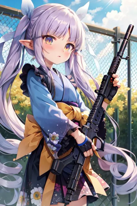 kyouka, default, blue kimono, blue ribbon, japanese clothes, long sleeves, wide sleeves, yellow bow, weapon, gun, gloves, rifle,...