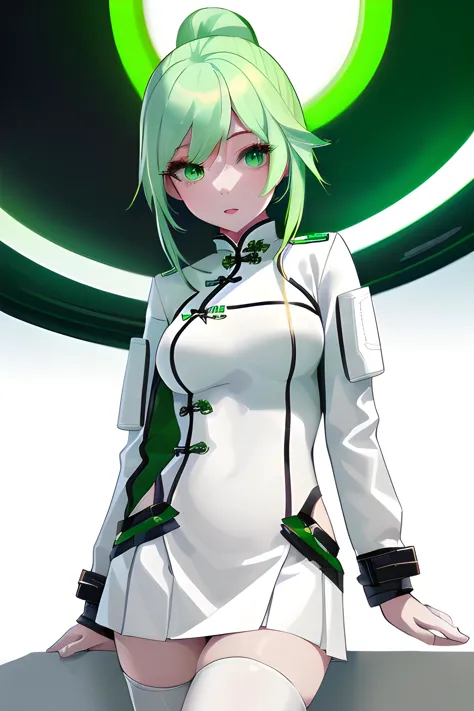 A beautiful young woman (Chinese, futuristic white leather jacket, white leather skirt, average bust, green hair, white thigh hi...