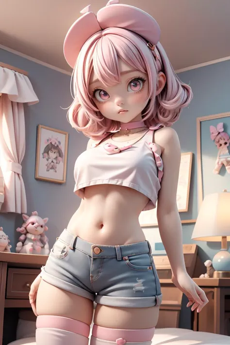 (masterpiece, best quality), 1girl, pink hair, crop top, denim shorts, bedroom, striped thighhighs,