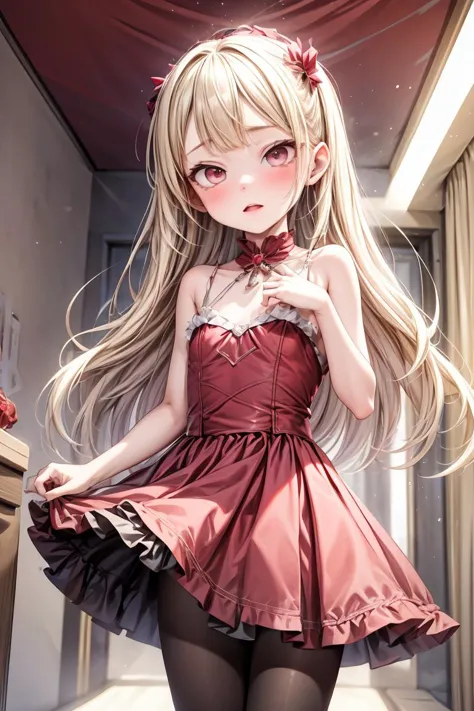 (masterpiece, best quality), 1girl, blonde hair, red dress, pantyhose, cute face, blush, <lora:add_detail:1>