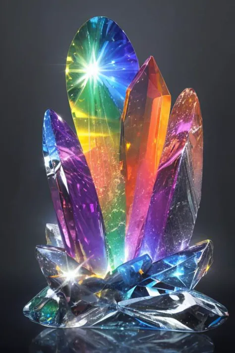 a close up of a crystal cluster with a rainbow light shining on it