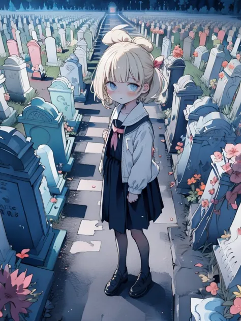 anime girl standing in a cemetery with flowers and graves