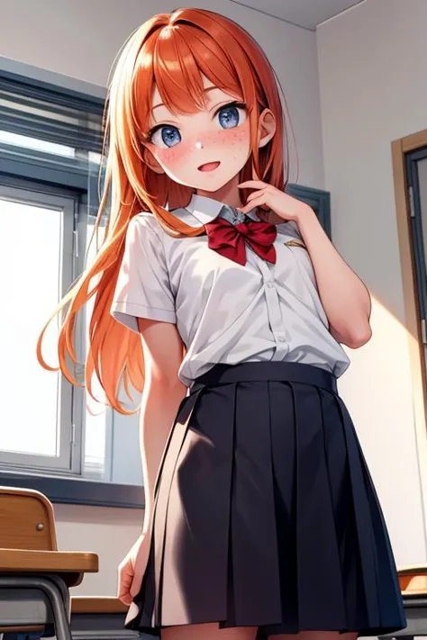 (masterpiece, best quality), (ginger girl with freckles:0.9), standing in classroom in school uniform, front view, (looking at viewer:1.2), (crossed palms, embarrassed, opened mouth:0.8), 