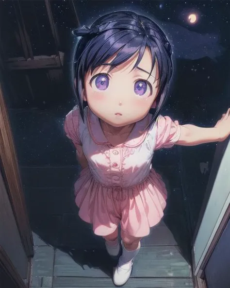 anime girl in pink dress standing in doorway with open arms