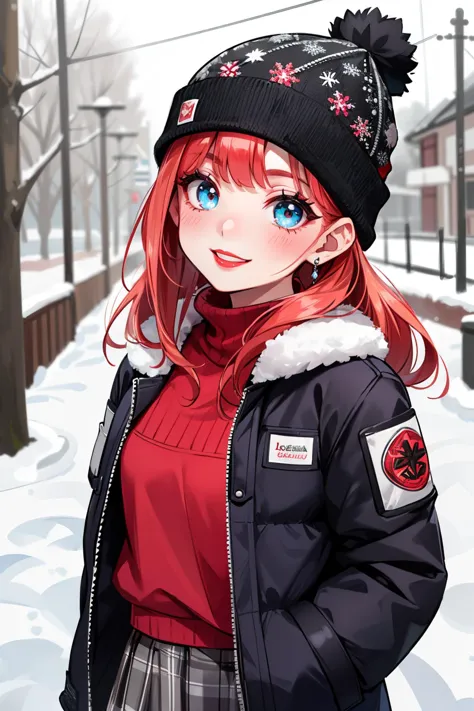 anime girl with red hair and blue eyes in winter outfit