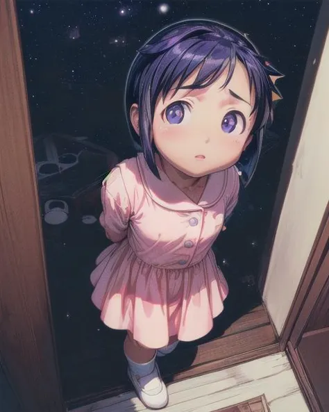 anime girl standing in doorway looking at the stars