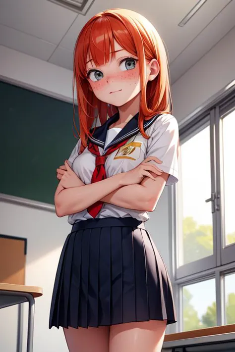 (masterpiece, best quality), ginger girl with freckles, standing in classroom in school uniform, looking at viewer, crossed arms, embarrassed, <lora:add_detail:0.5>, <lora:GoodHands-vanilla:0.5>