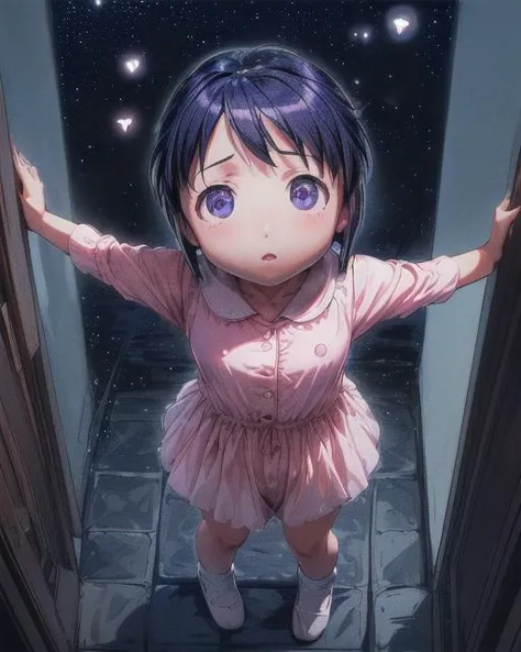 anime girl standing in doorway with arms outstretched in front of stars