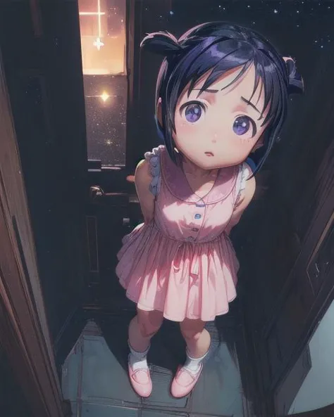 anime girl standing in doorway with pink dress and pink shoes