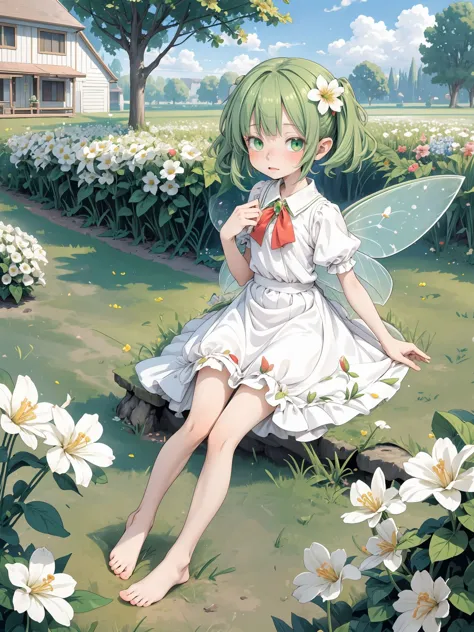 masterpiece,best quality,girl,tiny fairy,fairy wings,green hair, short hair,twintails,white dress,flower field,giant flowers,sof...