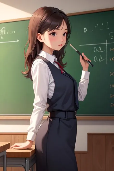 a woman in a school uniform standing in front of a chalkboard