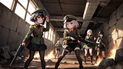 6+girls, multiple girls, flat chest, chinese people's liberation army, black hair, short hair, bangs, military cap, PLA uniform, olive green uniform, shoulder epaulettes, red star badge, collar, long sleeves, buttoned cuffs, military belt, skirt, knee-length skirt, black stockings, black shoes, disciplined expression, serious eyes, determined gaze, gun, weapon, military, ground vehicle, motor vehicle, rifle, assault rifle, military vehicle, tank, m4 carbine, holding weapon, holding gun, aiming, holding, grenade launcher, machine gun, battle rifle, firing, fire, shield, explosion, war, smoke, shell casing, magazine (weapon), battle, aircraft, helicopter, grenade, rocket launcher, coal, dark, dark ceiling, dim light, dirt, ditch, mine cart, mine shaft, muddy, natural light, rough rock walls, tunnel, wooden supports, shadows, masterpiece, best quality, official art, extremely detailed CG unity 8k wallpaper, artbook, yuzu-soft, kobuichi, muririn,