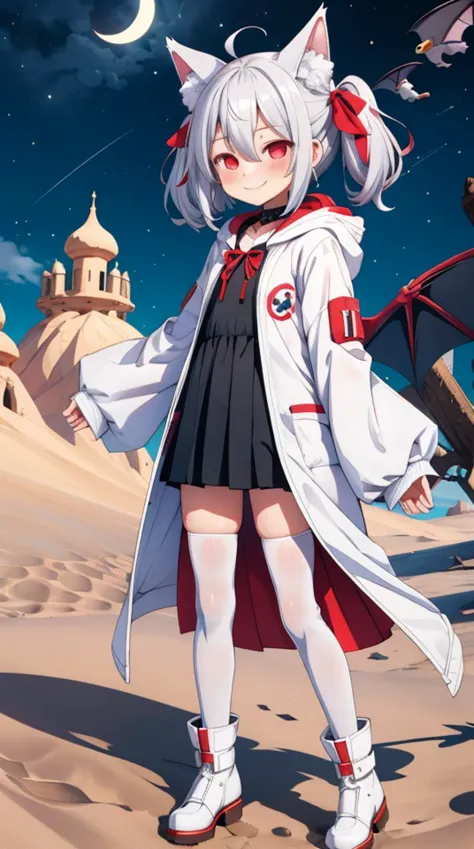 1girl, flat chest, shiny skin, short hair, white hair, ahoge, messy hair, payot, twintails, short twintails, animal ears, animal ear fluff, bat ears, bangs, hair between eyes, bat hair ornament, seductive smile, empty eyes, red eyes, glowing eyes, black dress, short dress, pleated skirt, hooded jacket, white jacket, open jacket, open clothes, white hood, hood down, long sleeves, wide sleeves, sleeves past wrists, sleeves past fingers, white thighhighs, zettai ryouiki, boots, white footwear, desert, night, sky, sand, dune, crescent moon, stars, night sky, nocturnal, sahara desert, masterpiece, best quality, official art, extremely detailed CG unity 8k wallpaper, artbook,