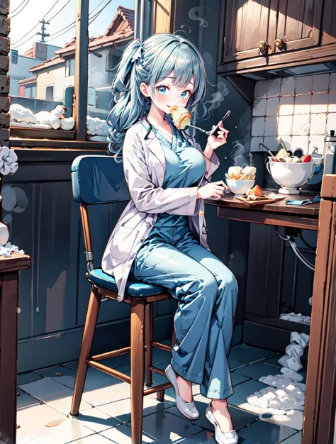 anime girl sitting at a table with a cup of tea and a plate of food