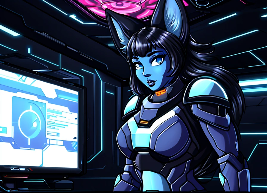 blue skin, fox ears, masterpiece, high quality, red bodysuit, ((armor)), science fiction, style of Adjatha, looking at viewer, portrait, long messy hair, futuristic background, spacecraft, (furry : 0.8), dashboard, leds, monitors, close_up, from below, ultra detailed background, absurd amount of details, parted lips,  stealthtech , cutting edge SlightMuscle, 