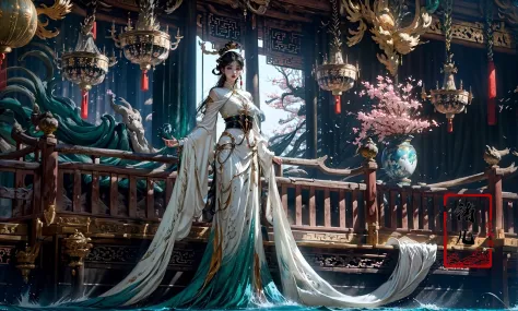 Dark and majestic Chinese palace background at night, waves and swirls of emerald color, a beautiful girl standing in the palace...