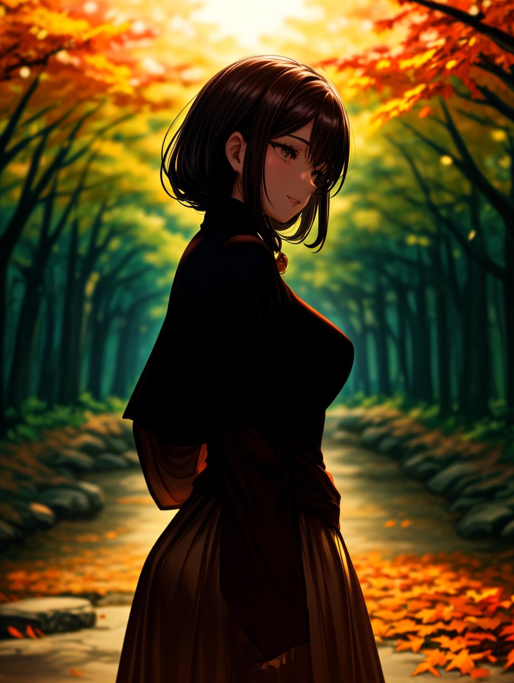 Anime girl in a forest with a path and trees - SeaArt AI