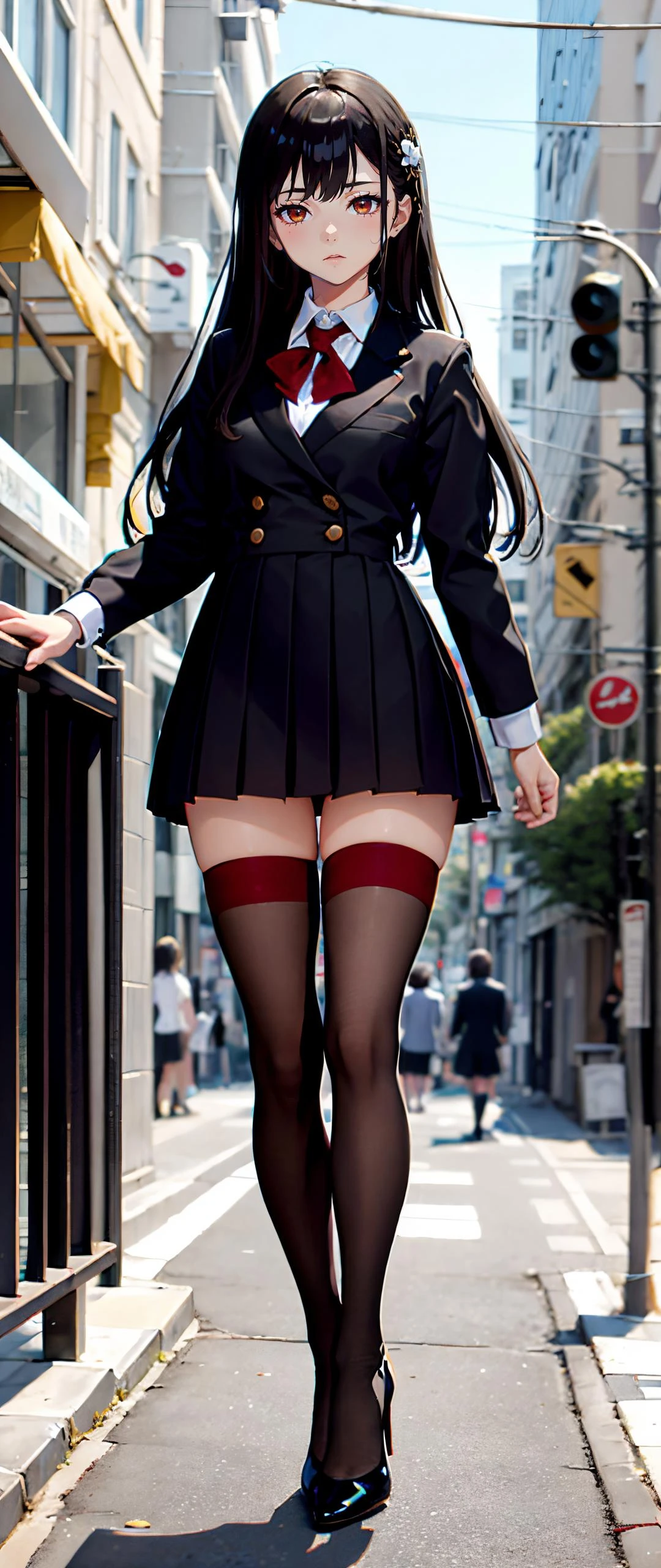 masterpiece, best quality, 
1girl,solo,full body,standing, long hair, 
high heels,,streets,outdoors, city,
(red thighhighs),(tutuhb:1.5),
 