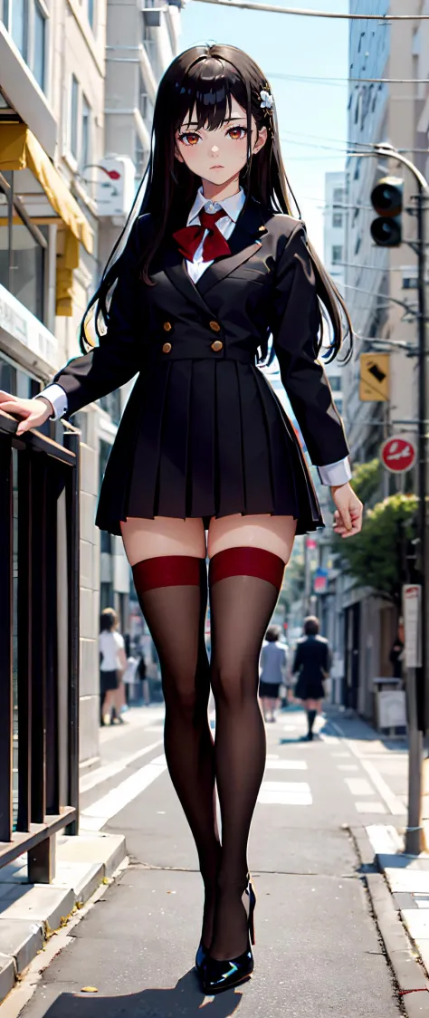 masterpiece, best quality, 
1girl,solo,full body,standing, long hair, 
high heels,school uniform,streets,outdoors, city,
(red th...