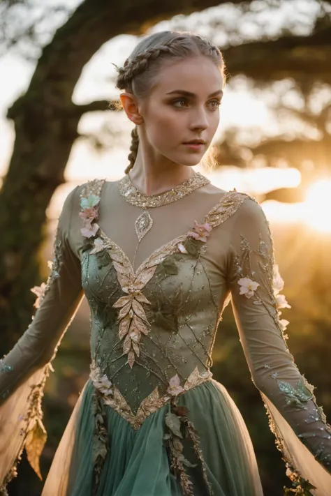 a woman in a green dress standing in front of a tree