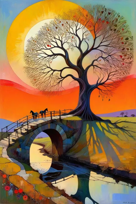 painting of a tree with a bridge and a horse in the distance