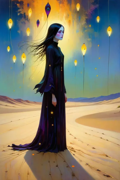 arafed image of a woman in a long black dress standing in a desert