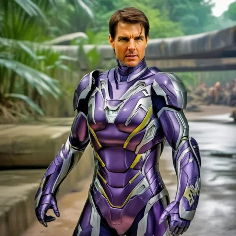 HDR photo of tom cruise in a purple and grey armor, jungle<lora:Mark49-1024:0.9> . High dynamic range, vivid, rich details, clear shadows and highlights, realistic, intense, enhanced contrast, highly detailed