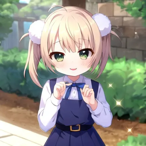 blue dress, white shirt, twin tails, blonde, green eyes, flat