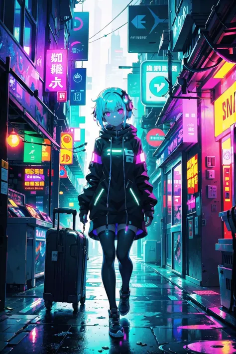 (masterpiece),  1girl,  glowing,  colorful,  cyberpunk,  street