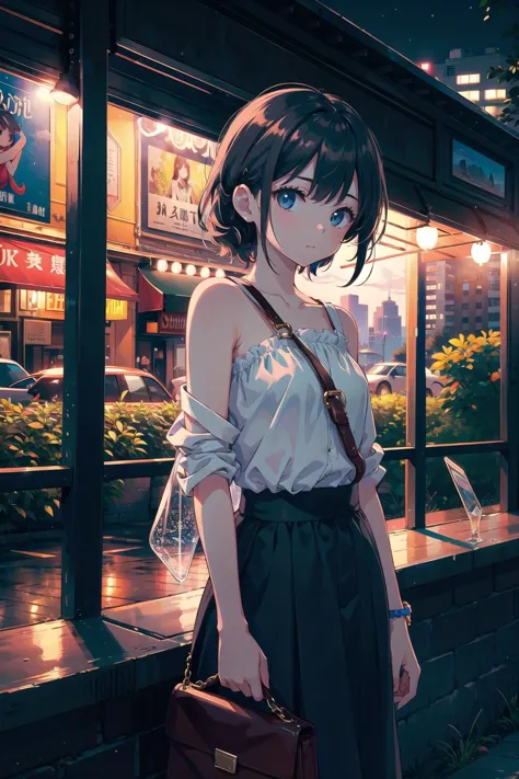 anime girl with a brown bag standing in front of a store