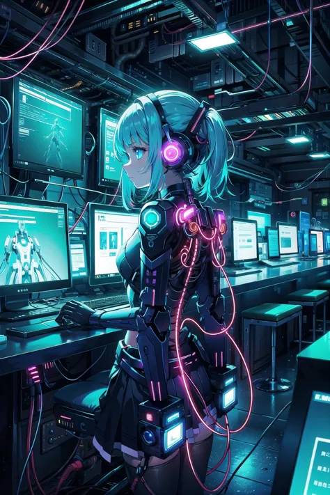 a woman in a futuristic suit standing in front of a computer desk