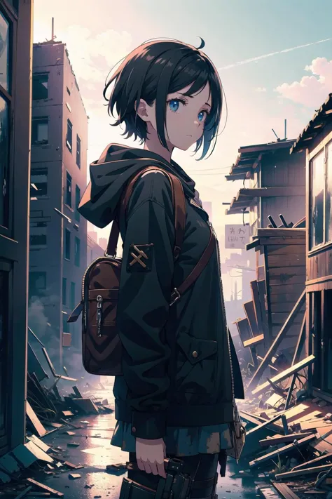 anime girl in a city with a backpack standing in the middle of a street