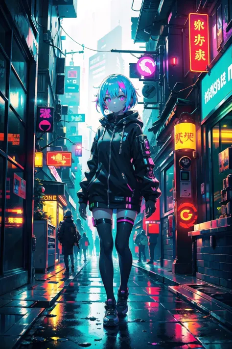 a woman in a black jacket and neon lights walking down a city street