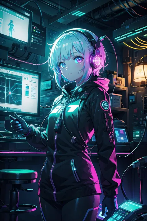 a woman in a futuristic suit standing in front of a computer