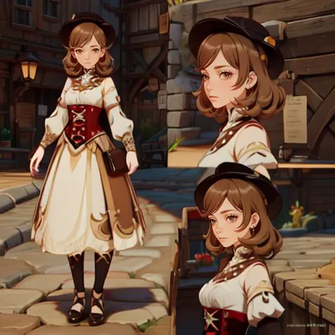 (masterpiece, best quality),(depth) of (field), simple backgroung, one color background,CharacterSheet, (multiple views, full body, upper body, profile, reference sheet:1), margaret, brown_hair, puffy_sleeves, bangs, corset, hat, brown_eyes, adult