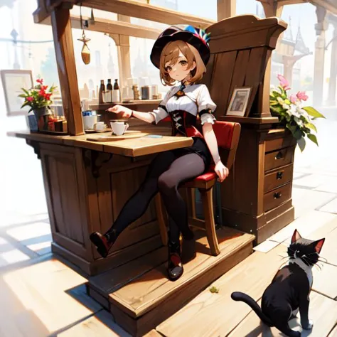 anime girl sitting at a table with a cat next to her