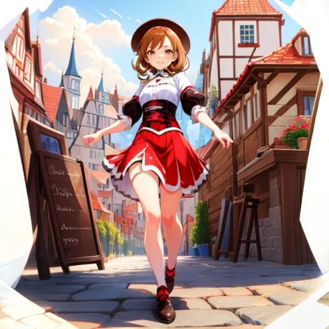 anime girl in a red and white dress walking down a street